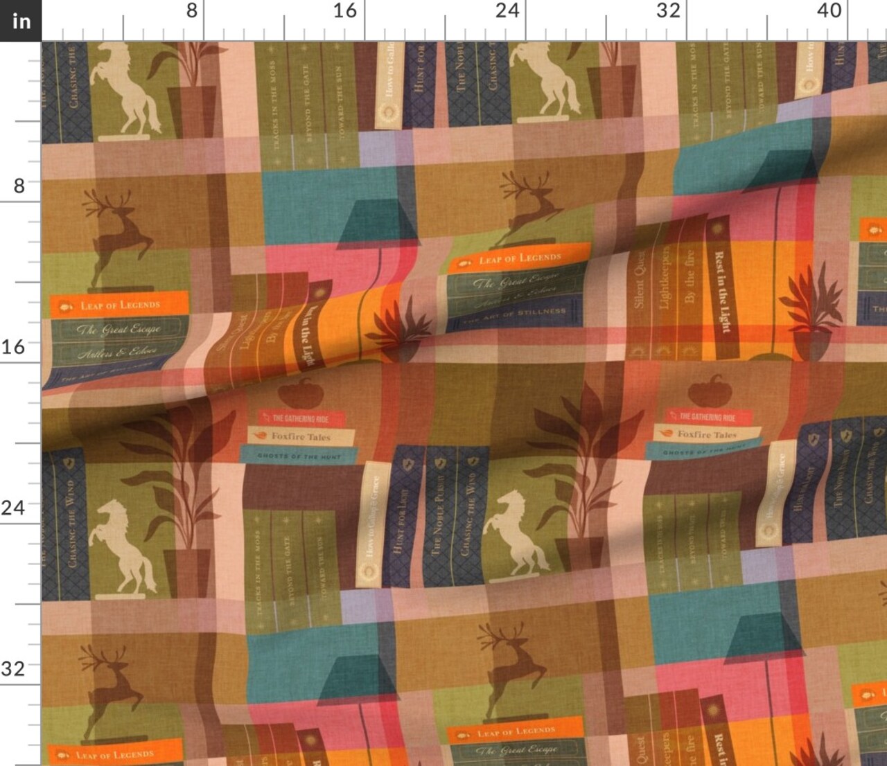 Autumnal Library Wildlife Horses Deer Books Plaid Club House Book Ends Plants Retro Classic Eclectic Bohemian Still Life Novelty Geometric Custom Printed Fabric by Spoonflower Various Fabrics by the Yard or Fat Quarter